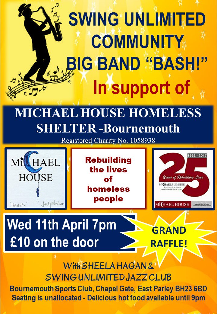 SUJCDorset's tweet image. £10 on the door - SU2 Community Big Band in support of Michael House Homeless Shelter Bournemouth - FAB event all for a FANTASTIC cause! #raisingawareness #Bigband @ChapelGateBSC 11/04 BH23 6BD NOT to be MISSED!
