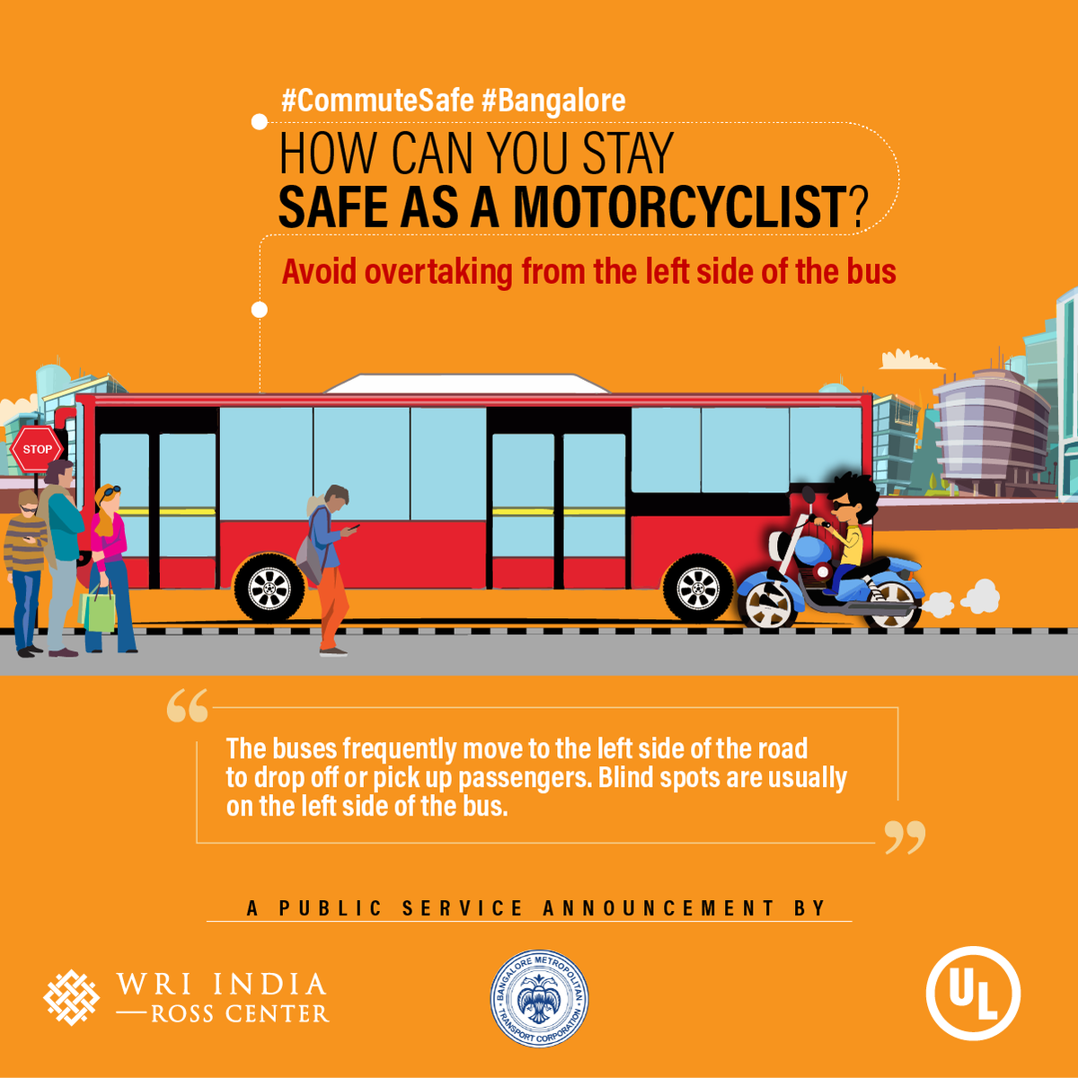 BMTC_BENGALURU's tweet image. When you are on a motorcycle, remember to never overtake a bus from the left. #CommuteSafe #Bangalore #RoadSafety