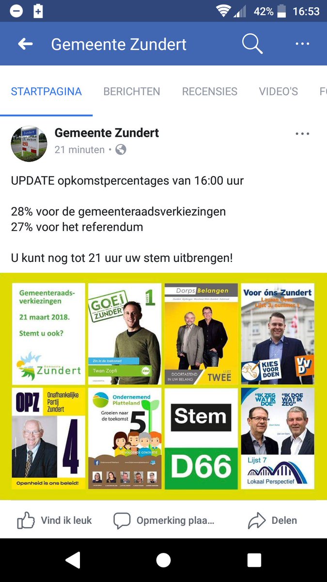 Tot nu toe een opkomst van slechts 28% voor de gemeenteraadsverkiezingen in #Zundert. Ga allen stemmen en stem D66, want D66 krijgt het voor elkaar!

#GR2018 #stemd66