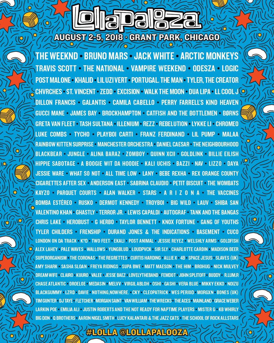 chifestivals's tweet photo. Lollapalooza Lineup Released ⚡️ Tag your friends 🌞@lollapalooza #lollapalooza #theweeknd #brunomars #odesza #logic #zedd #excision #rezz #tycho #perry #chicago #whatsonot #galantis #cmfpix https://t.co/jpyvDNrF3M