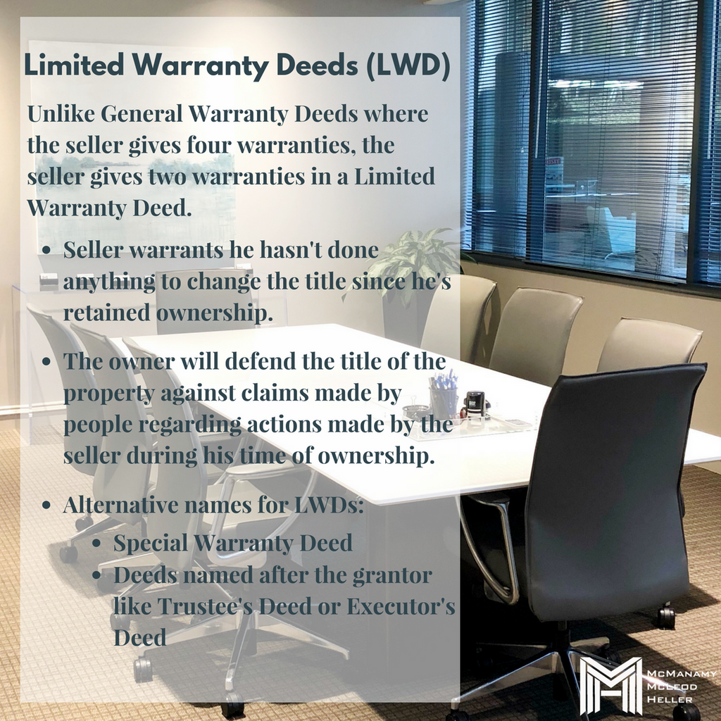 MMHFirm's tweet image. We've got Round Two of our three-part series on Deeds!  This week is all about Limited Warranty Deeds.  Swipe through to see the details and click the following link to learn more!  bit.ly/typesofdeeds  #weeklyinfo #mmhfirm #deeds
