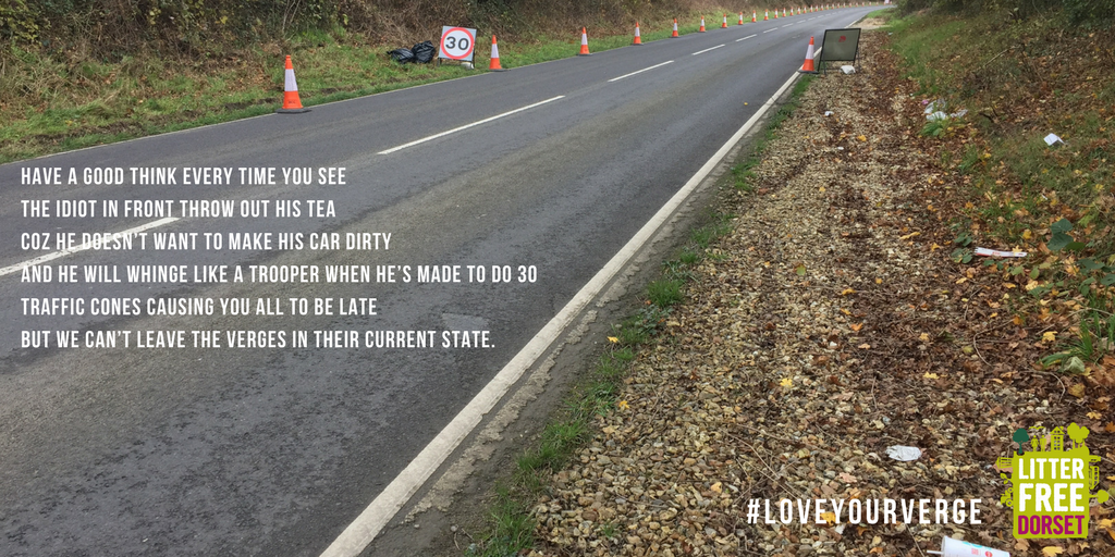 LitterFreeDrst's tweet photo. Last year @recycle4Dorset put out 300 cones to ensure their safety during just ONE roadside #litter pick. This then slows down traffic. Help reduce waiting times. Put your rubbish in a bin. @KeepBritainTidy @CPRE @HighwaysSWEST #WorldPoetryDay #LoveYourVerge #ThisIsNotABin https://t.co/cQBGOR5N0S