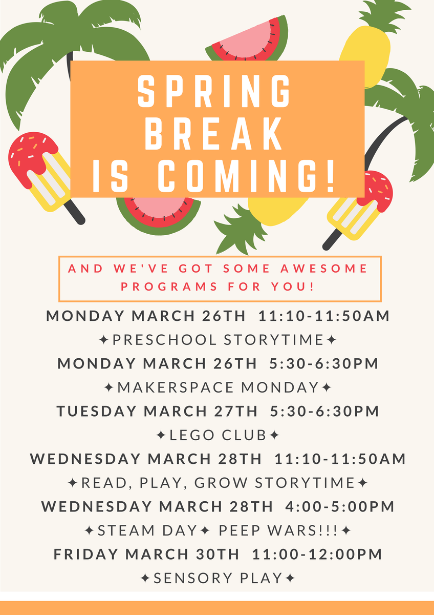 BrownDeerLib's tweet photo. Spring Break is almost here! #springbreak #awesomeprograms #saveyourlibrary https://t.co/aWD1IsfK1P