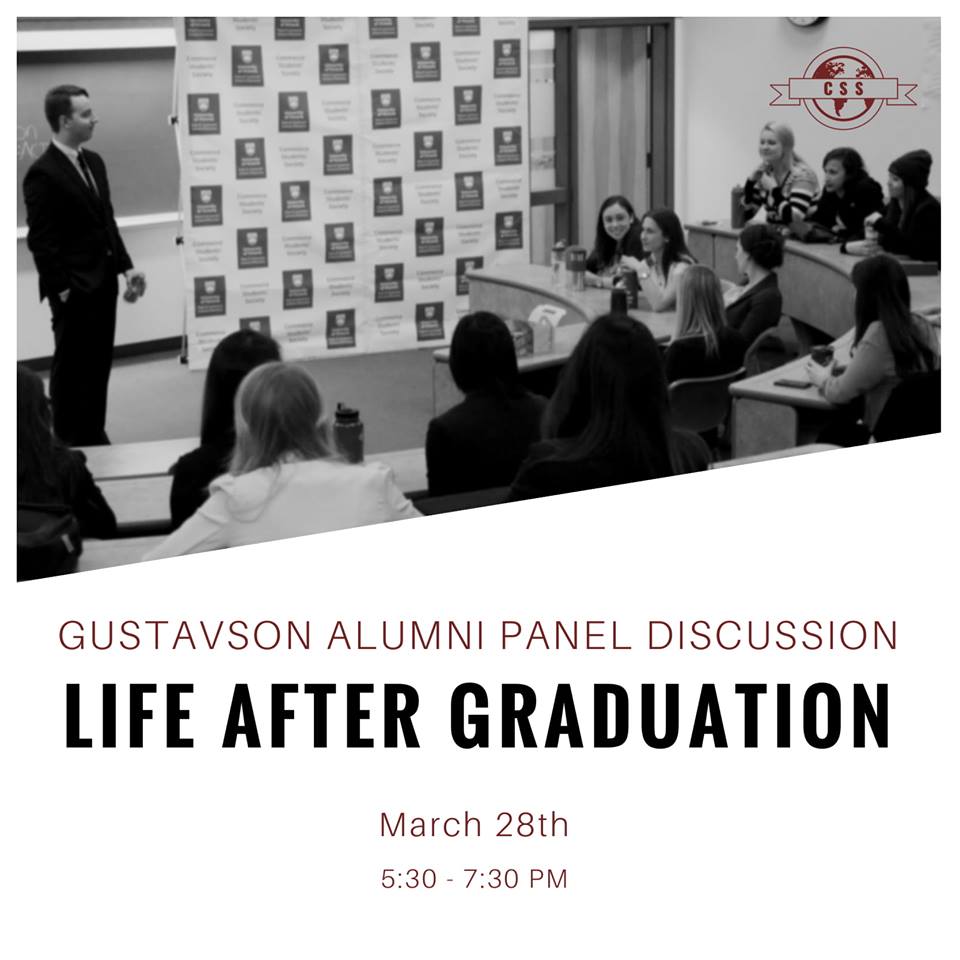 🎓 Gustavson Alumni Panel: Life After Graduation
⭐️ On March 28, attend the Gustavson Alumni Panel to gain valuable insight about life after graduation from Gustavson alumni in various business sectors. 
🔴 Register for the event on the CSS Facebook Page