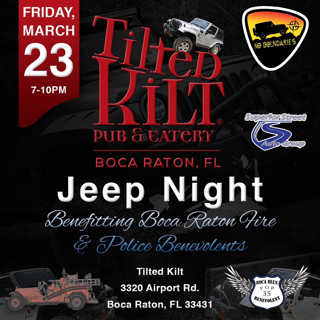 Calling all #jeeplovers 😍 Do not miss the upcoming No Boundaries Jeep Meet Up at @tiltedkiltbocaraton 🚙
This Friday at 7️⃣pm! Bring ur #Jeep and enter the raffle in a fundraising effort to benefit the Boca Raton Fire &amp; Police Benevolents 🚒🚔 See you there 👋🏼🚙 *jeep wave*
