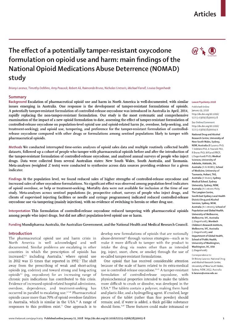 pharmcollective's tweet photo. "This formulation of controlled-release oxycodone reduced tampering with pharmaceutical #opioids among people who inject drugs, but did not affect population-level #opioid use or harm." NOMAD study https://t.co/Ct38g3PUkc @TheLancetPsych https://t.co/2z0yfhtFu7