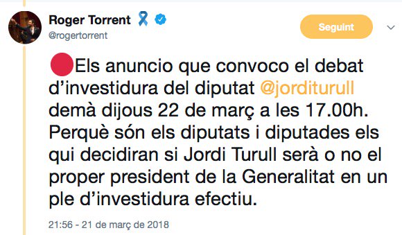 Spindoctors_cat's tweet image. El president del @parlamentcat , @rogertorrent anuncia la convocatòria del ple d’investidura via Twitter. Un nou pas endavant de la #compolin 2.0