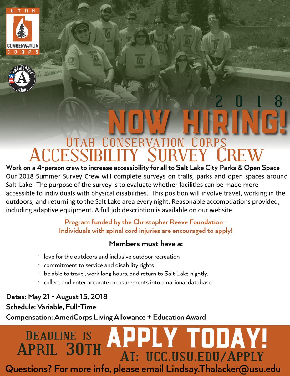 utahATprogram's tweet photo. NOW HIRING 2018 Utah Conservation Corps Accessibility Survey Crew Work on a 4-person crew to increase accessibility for all to Salt Lake City Parks &amp; Open Space. Reasonable accommodations provided, including adaptive equipment. Learn more at https://t.co/ta6eRjl8nM. @UtahCCorps https://t.co/8YTclxpCQj