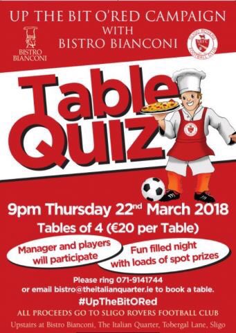 TABLE QUIZ: A table quiz at <a href="/BianconiSligo/">Bistro Bianconi</a> will take place this Thursday where all fans are welcome to take part.

Hosted by the #Upthebitored group, it promises to be a great night with management and players set to attend