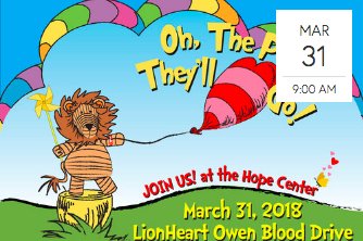 lifestreamblood's tweet photo. We are pleased to partner with the LionHeart Owen Foundation to host the 5th Annual blood drive 3/31 from 9 a-2p at Hope Lutheran Church in Palm Desert. We ask you to #Donateblood and help save a life in honor of Baby Owen. #bLEADbyexample #lionheartowen #congenitalheartdefects https://t.co/vyc3uF45Lm