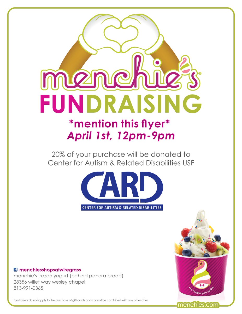 CARDUSF's tweet photo. Frozen yogurt fundraiser??? Yes please! 4.1.18 at Menchies at Wiregrass Mall in Wesley Chapel. Hope to see you there! #WiregrassMall #Fundraiser #Autism https://t.co/StFIzp6EN5