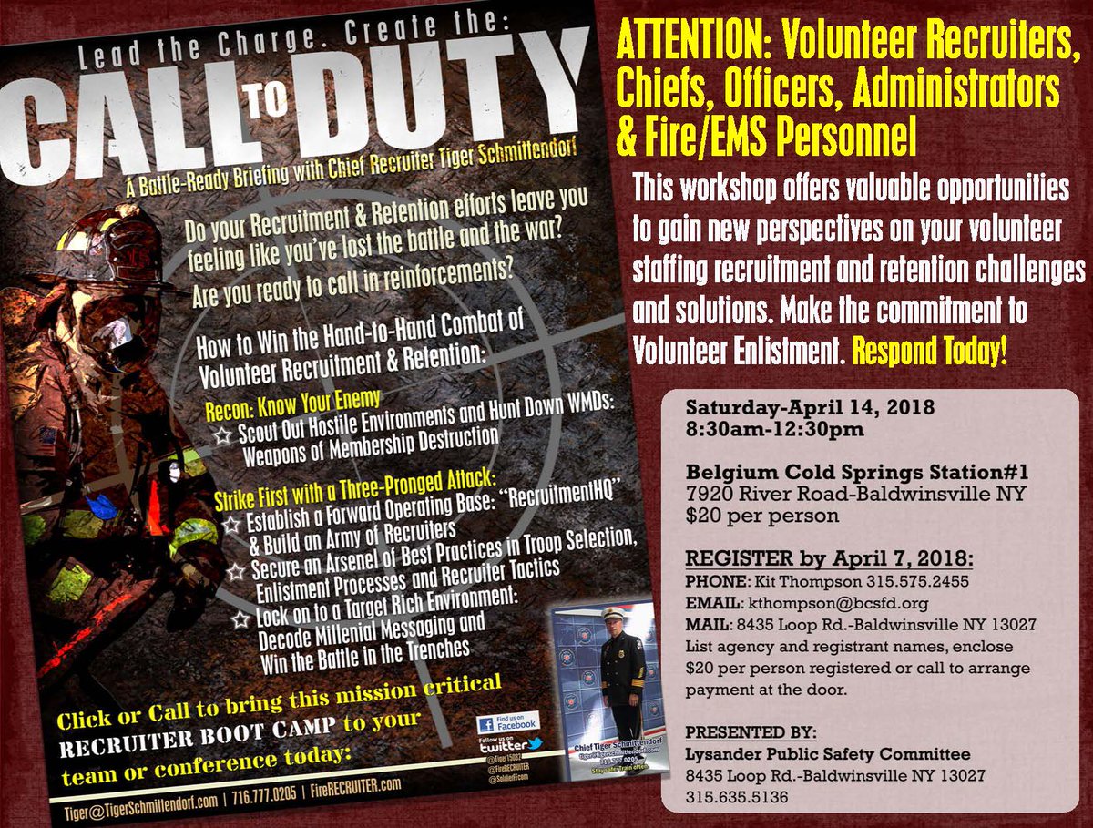 FireRecruiter's tweet photo. Join me for this @FireRecruiter Boot Camp in Syracuse NY-April 14, 2018 at Belgium-Cold Springs! @FirstArriving https://t.co/Zjo2lFZZNQ