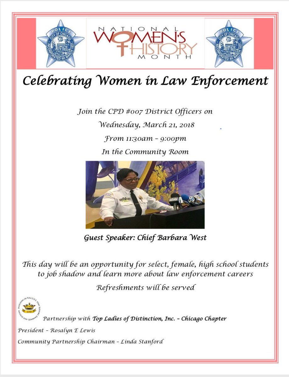 ChicagoCAPS07's tweet photo. Happening Now... Women's History Month Celebration at the #007thDistrict with Top Ladies of Distinction & Female Police Officers, Command Staff, Students From @CPSNetwork11 Henderson & Bond Elementary Schools #CPSNetwork5 Manley H.S. @ChicagoCAPS07 @Chicago_Police https://t.co/uM9mFdiDIu