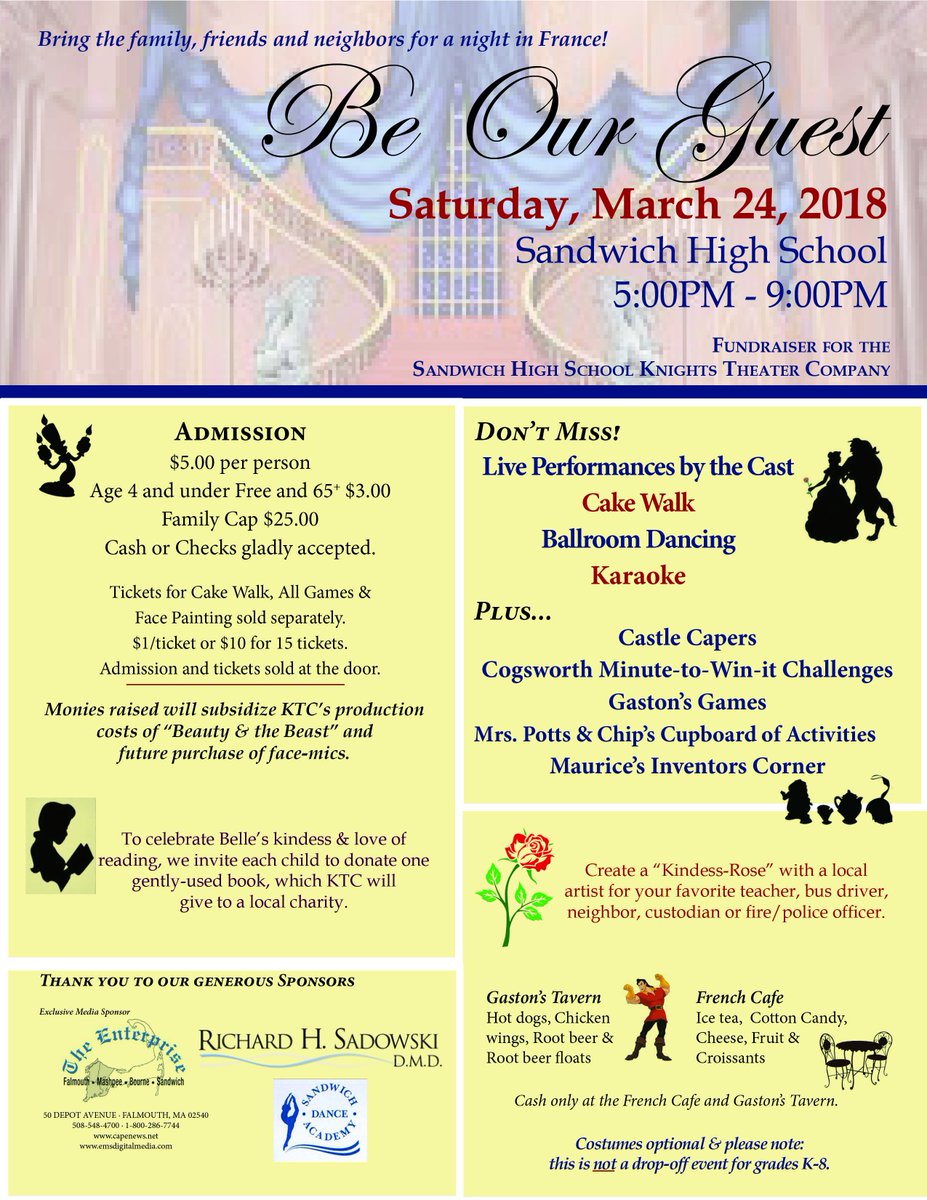 SHSBlueKnights's tweet photo. Don't miss the "Be Our Guest" Event on 3/24 sponsored by the Sandwich PTSA - supporting KTC's production of Beauty and the Beast! @Sandw_Super  @Swich_Athletics https://t.co/rSNU25vPRh