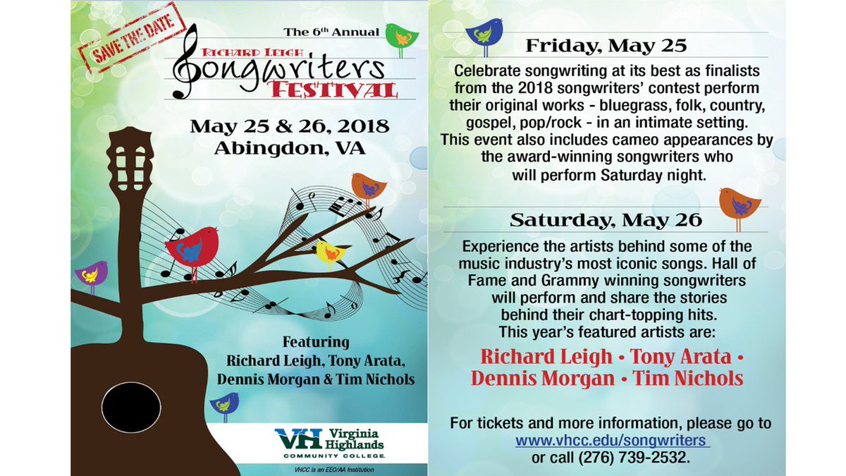 RLsongfest's tweet photo. Tickets are on sale now for the @RLsongfest!  All proceeds benefit VHCC Great Expectations, a service dedicated to helping foster youth reach their educational &amp; career goals.  For more info &amp; to get your tickets visit https://t.co/G7k7HcWZMy! #myvhcc #RichardLeigh https://t.co/TgzLZChKlH