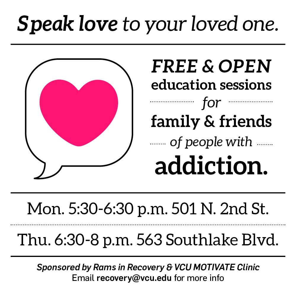 thewellvcu's tweet photo. TOMORROW (3/22) from 6:30 p.m. - 8:00 p..m., come stop by 563 Southlake Blvd. for a FREE and OPEN education session for family and friends of people with addiction.

#ramsinrecovery #recovery #VeryCaringU #VCU #RVA https://t.co/NdoEfEKefq