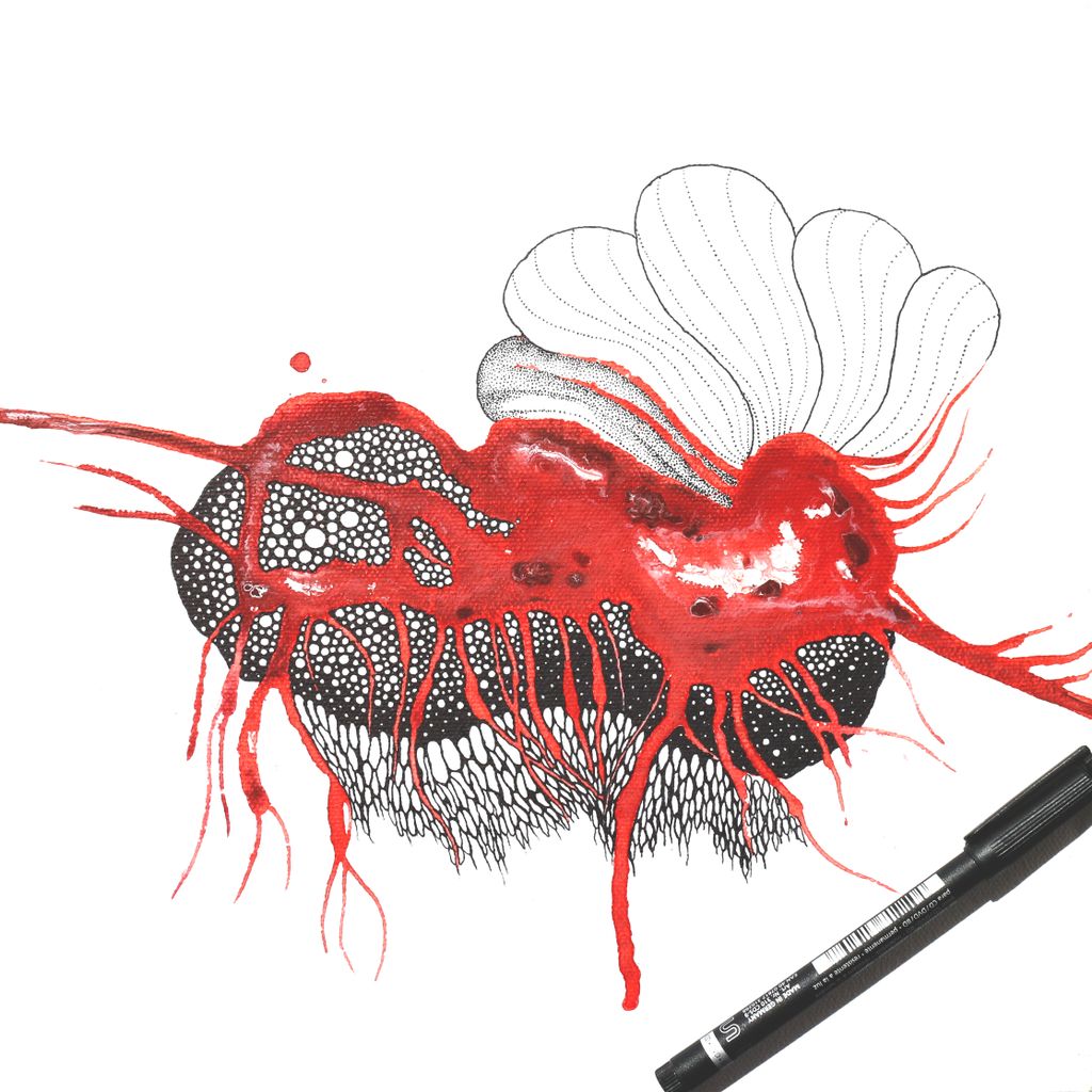 studio_organica's tweet photo. Starting the dot shading in the wings or... petals of this little creature. Not sure what to call it yet...
#organicastudio #silviaribeiroart
#red #ramifications #bug
#abstractinred #abstractart #painting #acrylics #cylcollective #contemporaryart #surrealism #creatures https://t.co/0KRGE4YWKs