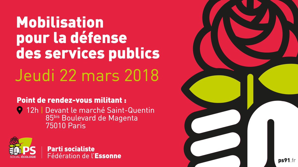 ps_essonne's tweet photo. Les Socialistes de l’Essonne participeront demain à la mobilisation pour la défense des services publics. Rendez-vous à 12h devant le marché Saint-Quentin (Paris). #DirectPS #22mars ✊️🌹 https://t.co/YIb11ADyAe