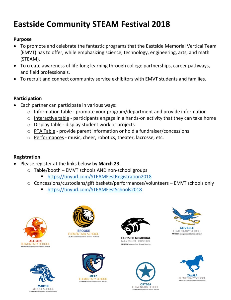 EMVT_STEM's tweet photo. Join us for the Eastside Community STEAM Festival and College &amp; Career Fair on Saturday, April 7 from 10:00 -2:00 at @MMSEagles ! Bring the family to enjoy hands-on activities, planetarium, live animals, health &amp; community services, food, raffle prizes, and much more! @AISDSupt https://t.co/fMettf9Vui
