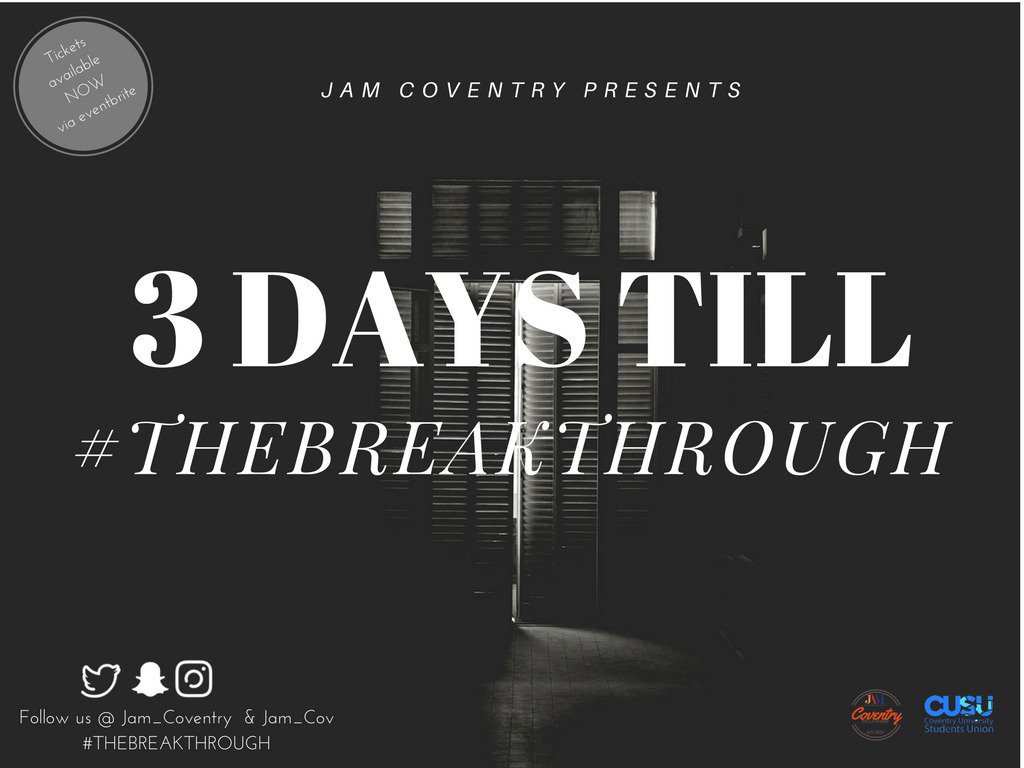 peblrock's tweet photo. Only 3 days left!! #Thebreakthrough 
@Jam_Coventry One question: have you got your ticket yet??? 👀
If not why not? 
Just hit the link: https://t.co/XgU4ZBNaLL https://t.co/36HacajGU2
