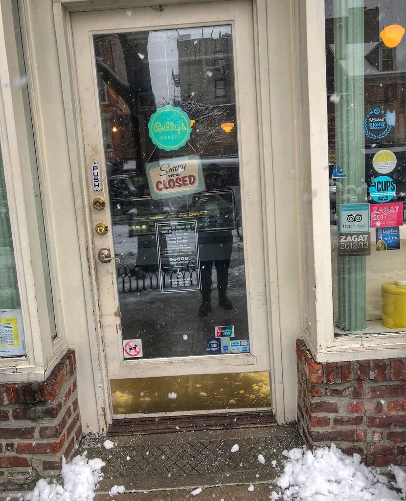 billysbakerynyc's tweet photo. Sorry, we have to close a bit early today...
#tribeca CLOSED
#chelsea - Closes @ 3PM
#plazafoodhall - Closes @ 8PM
.
.
.
#noreaster2018 #noreaster #snowstorm #snowday #winterstorm #storeclosure #sorrywereclosed #hopefullythisisthelastsnowfall #readyforspring #gethomesafely https://t.co/Ll81SR5Vqo