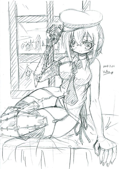 うちの子『ヘルミーネ』ちゃんアナログ絵です #うちの子 #創作 #オリジナル #オリキャラ #義手 #義足 #メカ #メカ娘 #ショートカット #軍帽 #ガーターベルト  