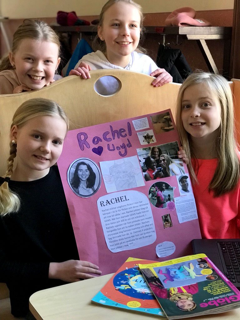 wcpfoundation's tweet photo. #Children in ร
lsten work with the WCP Program and learn about their #ChildRightsHeroes like these girls who made a poster about their hero #RachelLloyd who combats #CSEC and #domestictrafficking in the US. @GEMSGIRLS https://t.co/nJ6GhPvfoC
