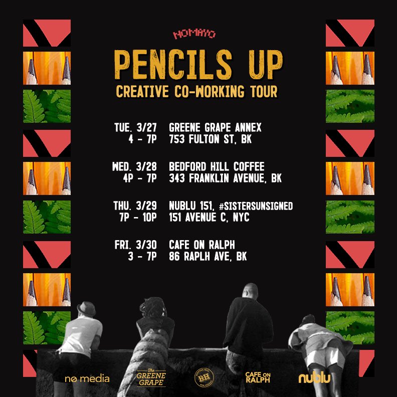 asknomedia's tweet photo. We’re taking a staycation tour! Join Us for free co-working sessions at coffee shops around Brooklyn. We’ll have merch available, ideas for bouncing + space to work 🔥🌱✏️ https://t.co/uuGjeCJcyZ