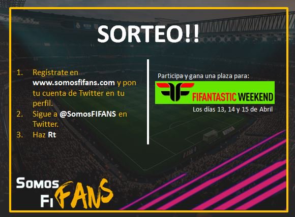 ¡SORTEO! ¿Quieres pasar un fin de semana de FIFA increíble? Nosotros te llevamos a la <a href="/FIFAntastic/">FIFAntastic</a> WEEKEND. 

Solo con estos sencillos pasos:

1.Registrate en somosfifans.com y pon tu cuenta de Twitter en tu perfil
2.Siguenos en Twitter <a href="/SomosFiFANS/">SomosFiFANS</a> 
2.Haz RT de este tuit
