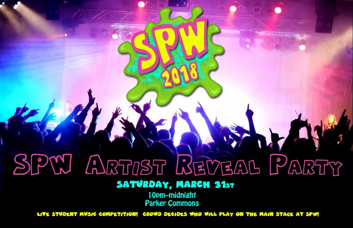 COLGATESPW's tweet photo. Wanna find out who this year's SPW artist will be? We are throwing an Artist Reveal Party on Saturday, March 31st in Parker Commons! Not only will we be unveiling the headliner, students artists will perform and the crowd will decide who gets to play on the main SPW stage! https://t.co/vF7WEopIOh