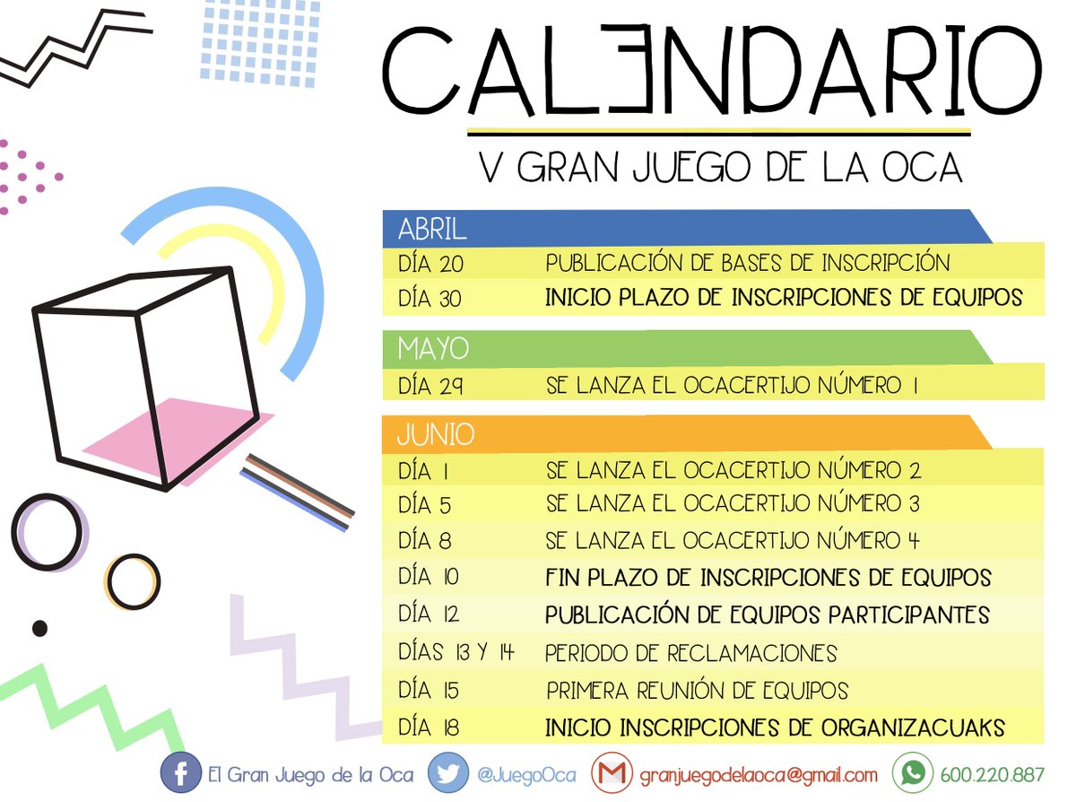 JuegoOca's tweet photo. 📢 ATENCIÓN AMIGOS 📢
¡Ya podéis empezar a arrancar los motores! ¡Esto ya está en marcha!. Hacemos públicas las fechas más destacadas de nuestra V edición. 
¡Tenemos muchas ganas de volver a notar vuestra fuerza! #NuncaDejesDeJugar 🐥🐤🐣 https://t.co/klDV2t8PwA