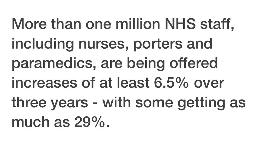 Facts matter. 

The staggering “up to 29%” NHS pay rises, repeated here by <a href="/BBCNews/">BBC News (UK)</a>, are - of course - <a href="/DHSCgovuk/">Department of Health and Social Care</a> spin.

They include annual incremental pay increases that staff would *already* be getting on the old pay scales.

Isn’t journalism more than parroting a govt line?