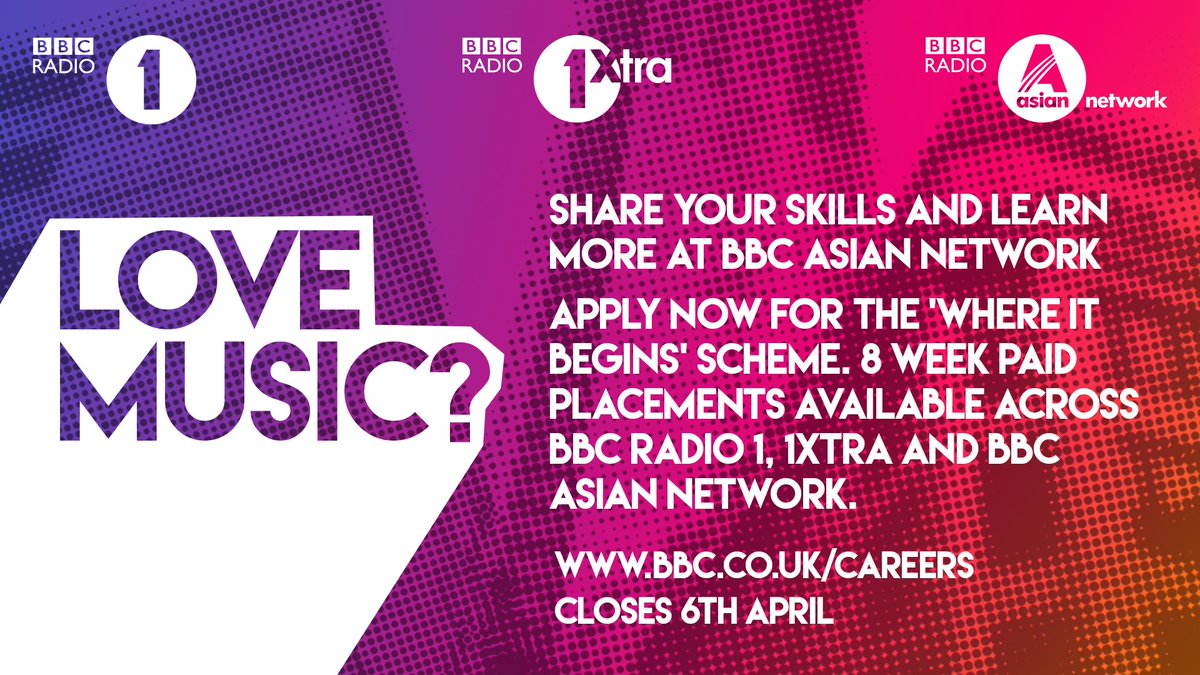 bbcasiannetwork's tweet photo. 🙋🏽Fancy coming to work with us? 
There's six 8 week paid placements up for grabs across BBC Asian Network, @1xtra and @BBCR1 
⬇️Apply now ⬇️
https://t.co/AJgDFNNYS1 https://t.co/eqoWhFymdV