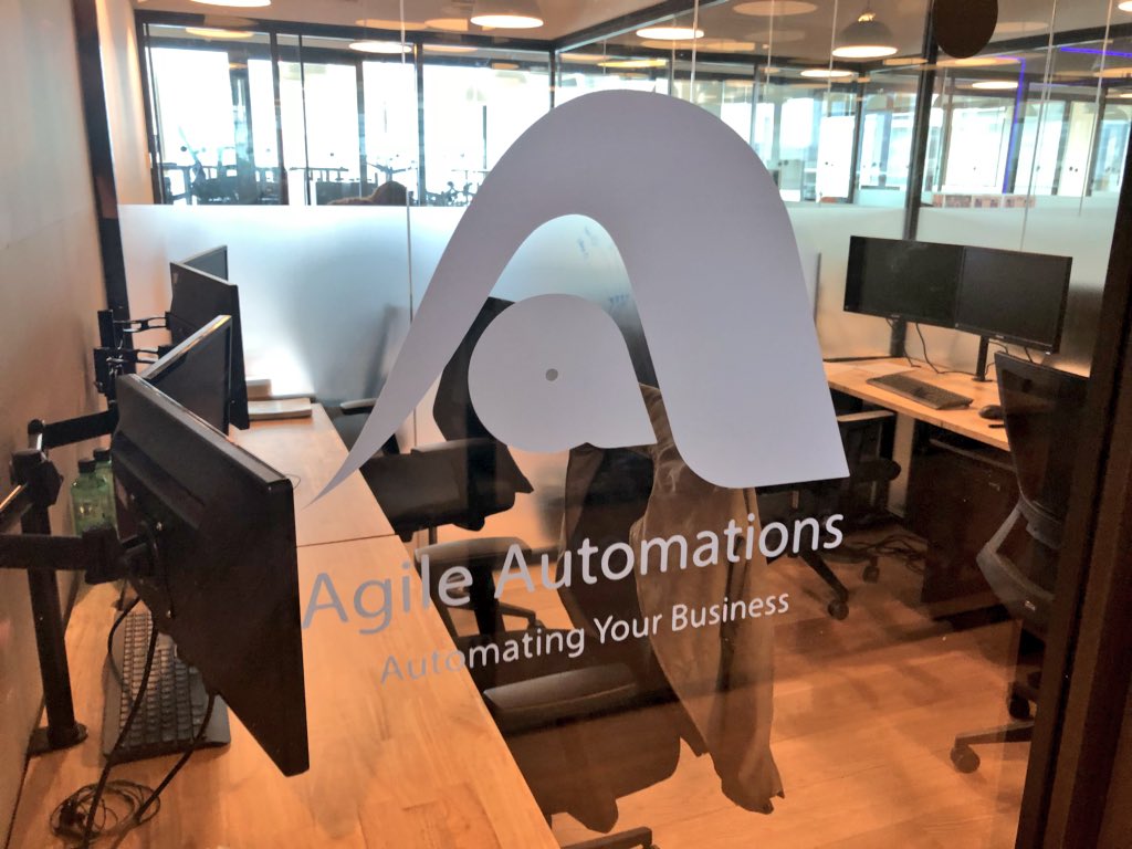 AAutomations's tweet photo. Branding going up today in the @AAutomations offices in @WeWorkUK! AND job offers out to our new amazing #developers!! Busy and productive day in #AgileAutomationsHQ! Looking to take your #business to the next level and automate your manual processing? Get in touch with the team! https://t.co/EO0rR0dG74