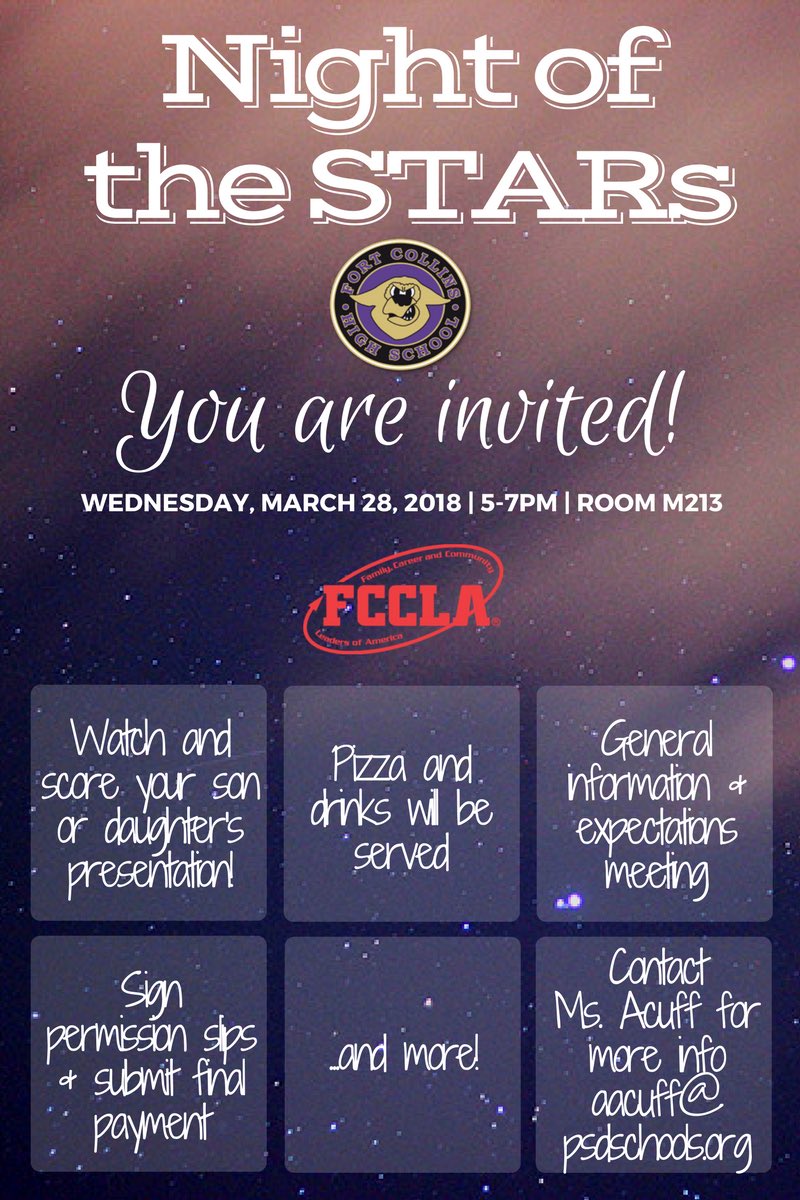 collinsfccla's tweet photo. One week til Night of the STARS! Project presentations, info meeting, permission slip signing, and final payment due. Pizza and drinks will be provided! #collinsfccla #SLC2018 #statebound https://t.co/kLLzm6j6Pu