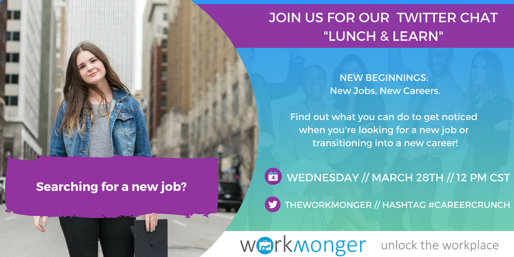WorkTogetherTC's tweet photo. Looking to start a new #job or #career? Join us for @theworkmonger's #TwitterChat #LunchAndLearn. Find out what you can do to get noticed by #hiring managers! Wed - Mar 28 - 12 PM CST. #CareerCrunch #JobSeekerWednesday Start Your #WorkMonger Profile Here: https://t.co/3H8iRxZ9PD https://t.co/Oq6STvx7S6