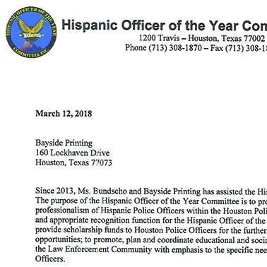 BaysidePrinting's tweet photo. We recently received this very incredible thank-you note from The Hispanic Officer of the Year Committee, for whom we print programs each year, and are proud to share it with you on our blog! https://t.co/TB4pEtxbup https://t.co/IEExuiiVyq