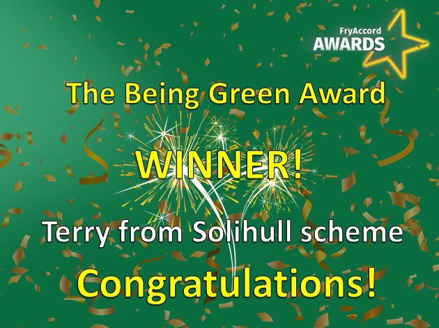 The #BeingGreen Award winner is Terry from the Solihull scheme. Terry has used his local volunteering opportunities to help overcome his challenges and benefit loca community groups #FryAccordAwards