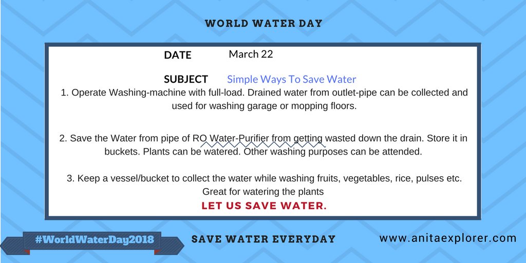 anitaexplorer's tweet photo. Today is #WorldWaterDay
Let's conserve Water everyday.
We can help to #SaveWater in our own way.
At home, office &amp; outside, we must have our say.
Water is precious everyday.
March 22
#CuttingPaani #IndiChange
More in my #blog #post :
https://t.co/Z9dRBQ2Apj
#WorldWaterDay2018 https://t.co/IWeWga64Ve