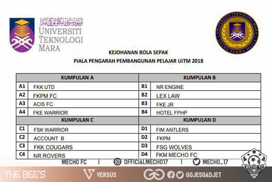 mecho_fc's tweet photo. Berikut ialah Keputusan Undian KEJOHANAN BOLA SEPAK PIALA PENGARAH PEMBANGUNAN PELAJAR UITM 2018. 
#pppcup
#fkmmechofc https://t.co/Hjj1Mhu2jz