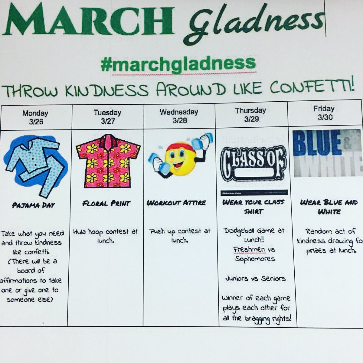 MissGarkow's tweet photo. Spirit week next week! #marchgladness https://t.co/oM9Baw57b3