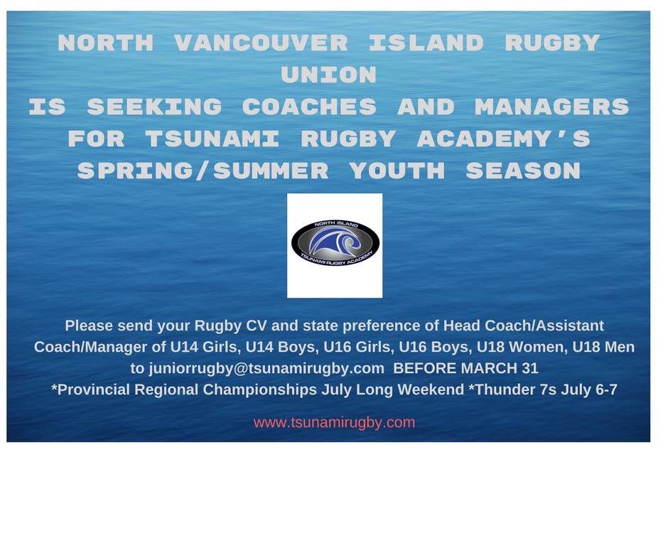 TsunamiRugby's tweet photo. Help coach the North Island’s best young rugby players this summer! Managers needed too! Email your rugby resume/credentials to juniorrugby@tsunamirugby.com before March 31! https://t.co/sm1D9YjPmz