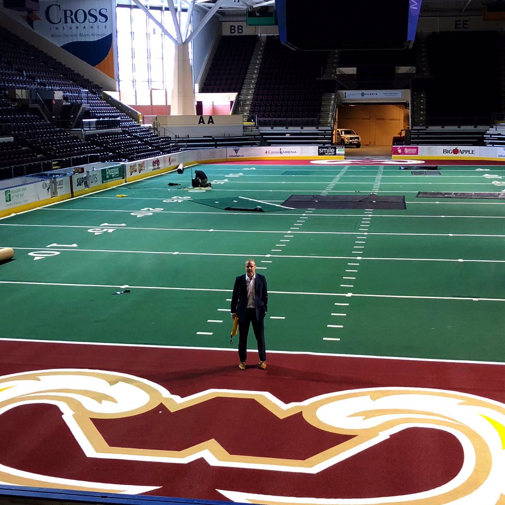 MaineMammoths's tweet photo. FIRST GLANCE: President Will Riley steps foot on the Maine Mammoths' fresh turf today at the @CrossArena. It's almost time!! WHO'S GETTING EXCITED!? 🤗🏈🐘 #JoinTheHerd #MammothNation #WeAreTheHerd #TusksUp #NAL #FootballTime https://t.co/Tbqx6OOyFk