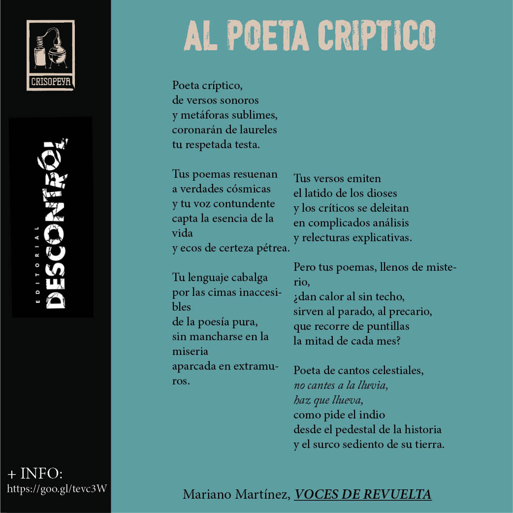Último poema que publicamos hoy en memoria del #diainternacionalpoesia #diamundialdelapoesia
Pertenece al libro 'Voces de revuelta' el primer título de la colección #Crisopeya

 #poesiasocial #poesiatransformadora
descontrol.cat/2018/02/19/voc…