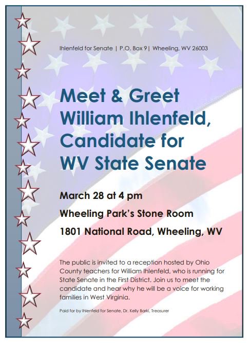 IhlenfeldWV's tweet photo. I'm honored that teachers in Ohio County will host reception for me on March 28 at 4 pm at Wheeling Park's Stone Room. The event is open to the public so please come to learn more about my campaign and to hear why I'll be a voice for West Virginia's working families. #55Strong https://t.co/9Fv6gbK9nZ