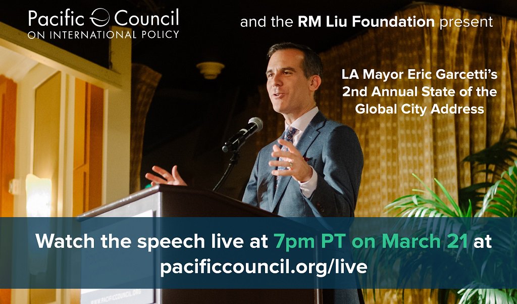 .@MayorOfLA @ericgarcetti's 2nd annual State of the Global City address begins in 10 minutes! Watch the speech live right here: pacificcouncil.org/live! #pcevents #LA #LosAngeles #PacificCentury