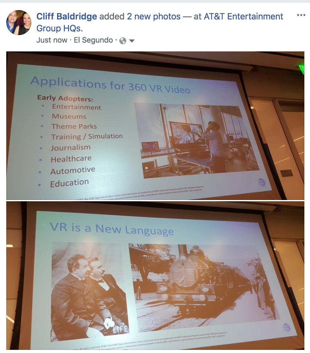 cliffbaldridge's tweet photo. Applications for 360 VR. AT&T Entertainment Group #att #attdeveloper #vr #attcreators #attentertainmentgroup @att @attdeveloper #ar #augmentedreality DIRECTTV #tech #technology #virtualreality #devlab #lifeatatt https://t.co/VFkaUi0reW