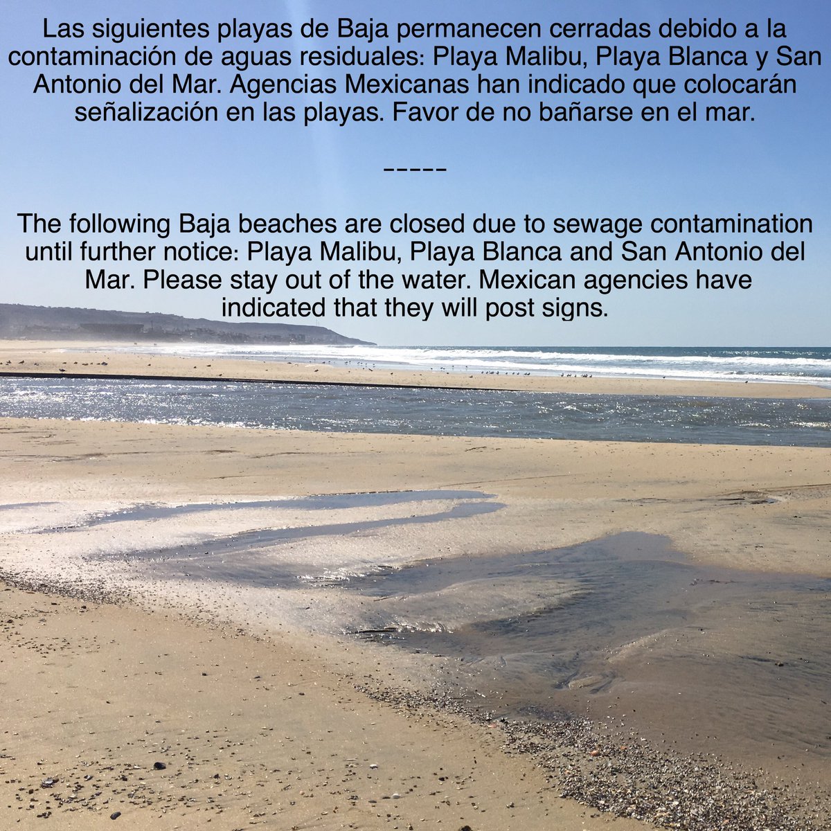 CBWNsurfriderSD's tweet photo. ‼️2018.03.21: Baja beach closure issued‼️ •
•
#beachstatus #beachclosure #sbcleanh2o #nobordersewage #NoBS #SBCWNOBS #surfridersandiego #tijuana #playamalibu #playablanca #sanantoniodelmar #mexico #pacificocean https://t.co/8wB7WIBHge