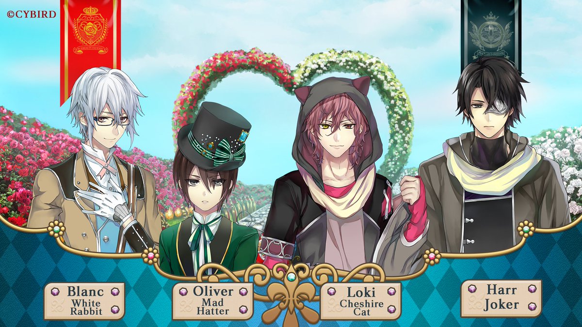 Personagens neutros de Ikémen Revolution - Love & Magic in Wonderland: Blanc Lapin, o Coelho Branco; Oliver Knight, o Chapeleiro Maluco; Loki Genetta, o Gato de Cheshire; Harr Silver, o Coringa