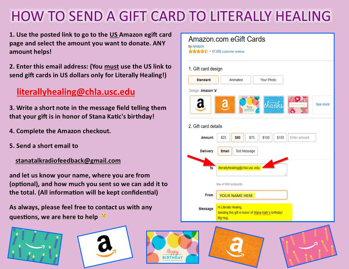 UPDATE:CHLA/LH 
$2,004.00 ￼💳 Amazon Gift Cards already in just a few days.. you ALL are amazing! ￼*please be sure to send us your name and dollar amount to:
stanatalkradiofeedback@gmail.com as we cross-reference with CHLA LiterallyHealing,thank you!
amazon.com/dp/BT00DC6QU4/… …
